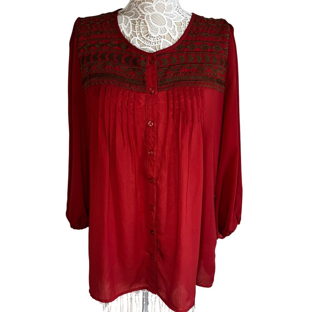 Perch rust colored long sleeve blouse with embroidery, womens size XL
